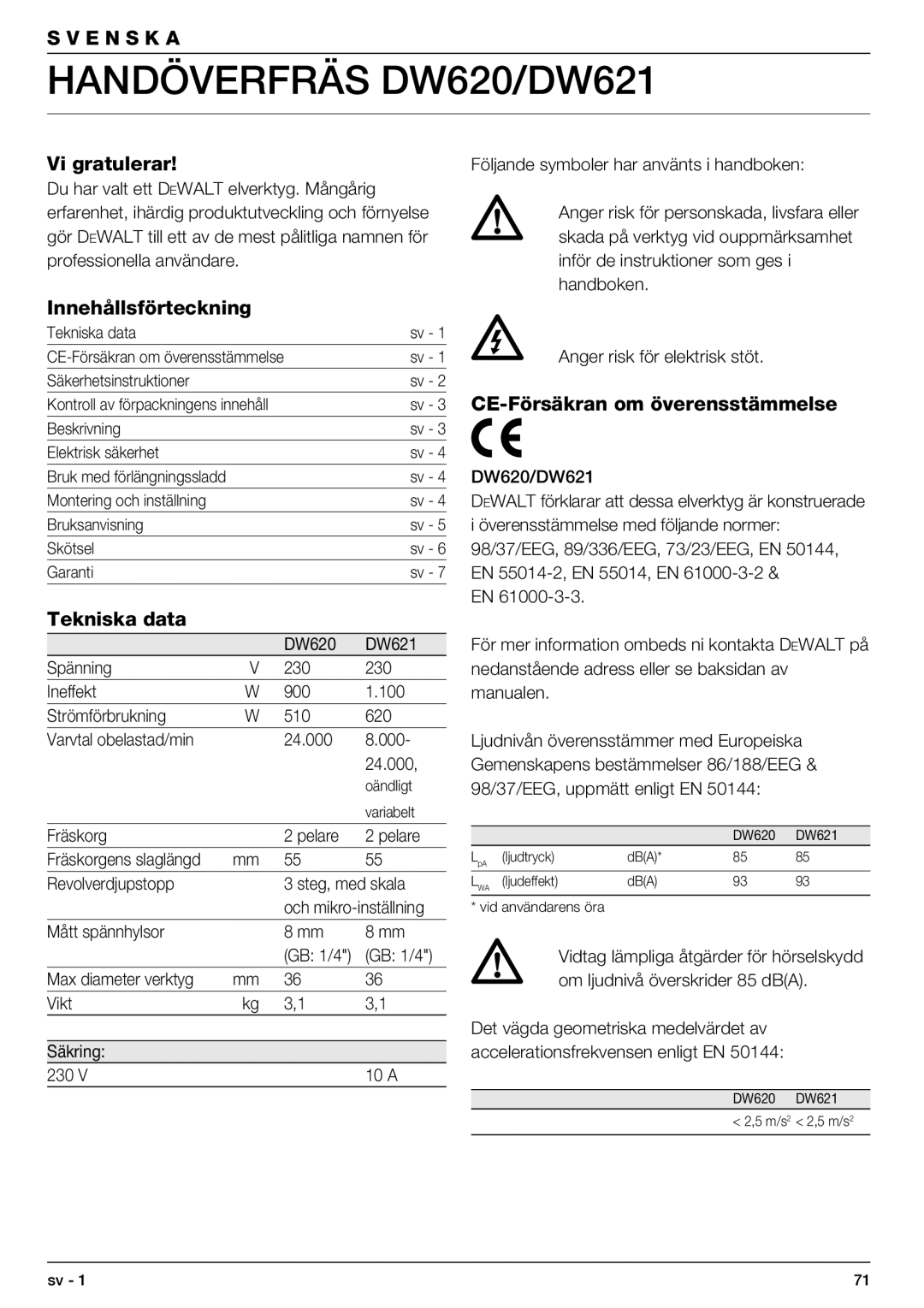 DeWalt Handöverfräs DW620/DW621, Vi gratulerar, Innehållsförteckning, Tekniska data, CE-Försäkran om överensstämmelse 