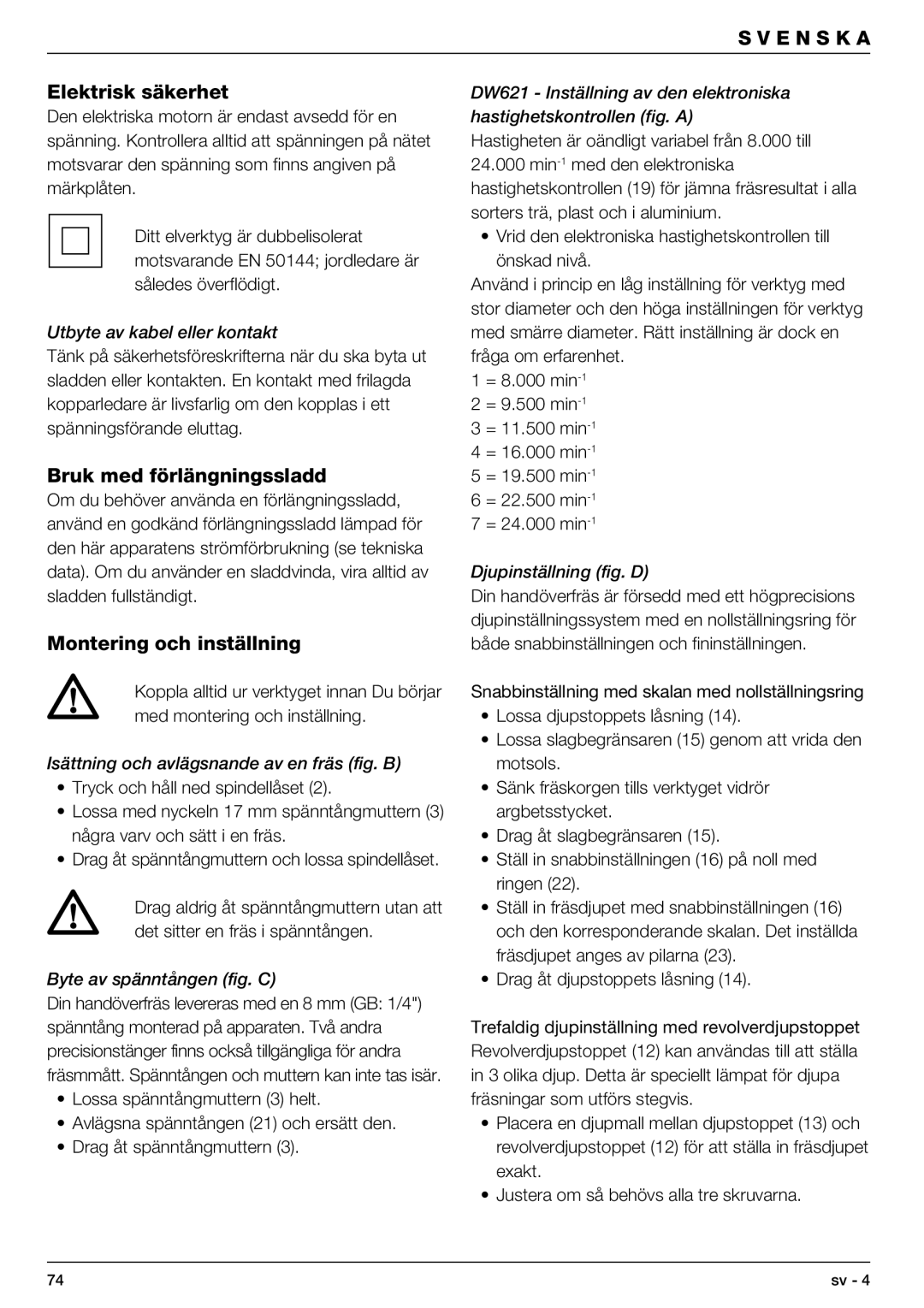 DeWalt DW621 manual Elektrisk säkerhet, Bruk med förlängningssladd, Montering och inställning 