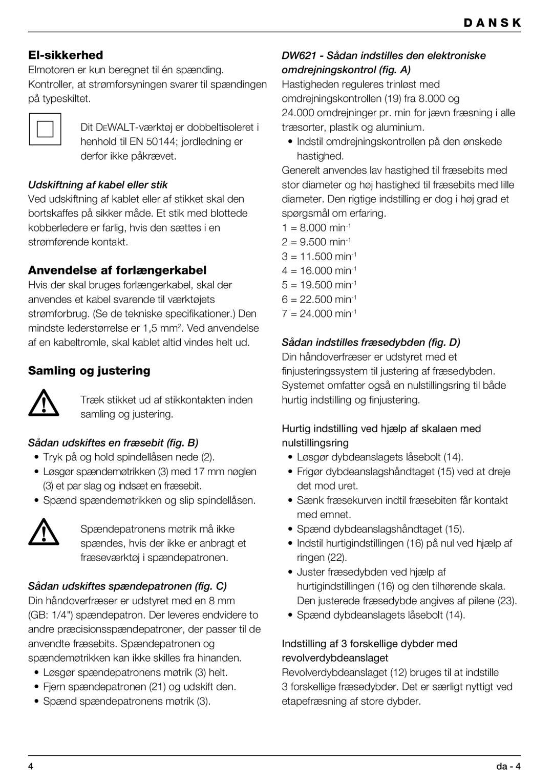 DeWalt DW621 manual El-sikkerhed, Anvendelse af forlængerkabel, Samling og justering, Udskiftning af kabel eller stik 