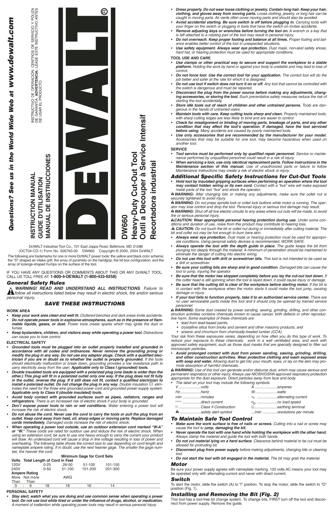 DeWalt DW660 instruction manual General Safety Rules, Additional Specific Safety Instructions for Cut-Out Tools, Motor 