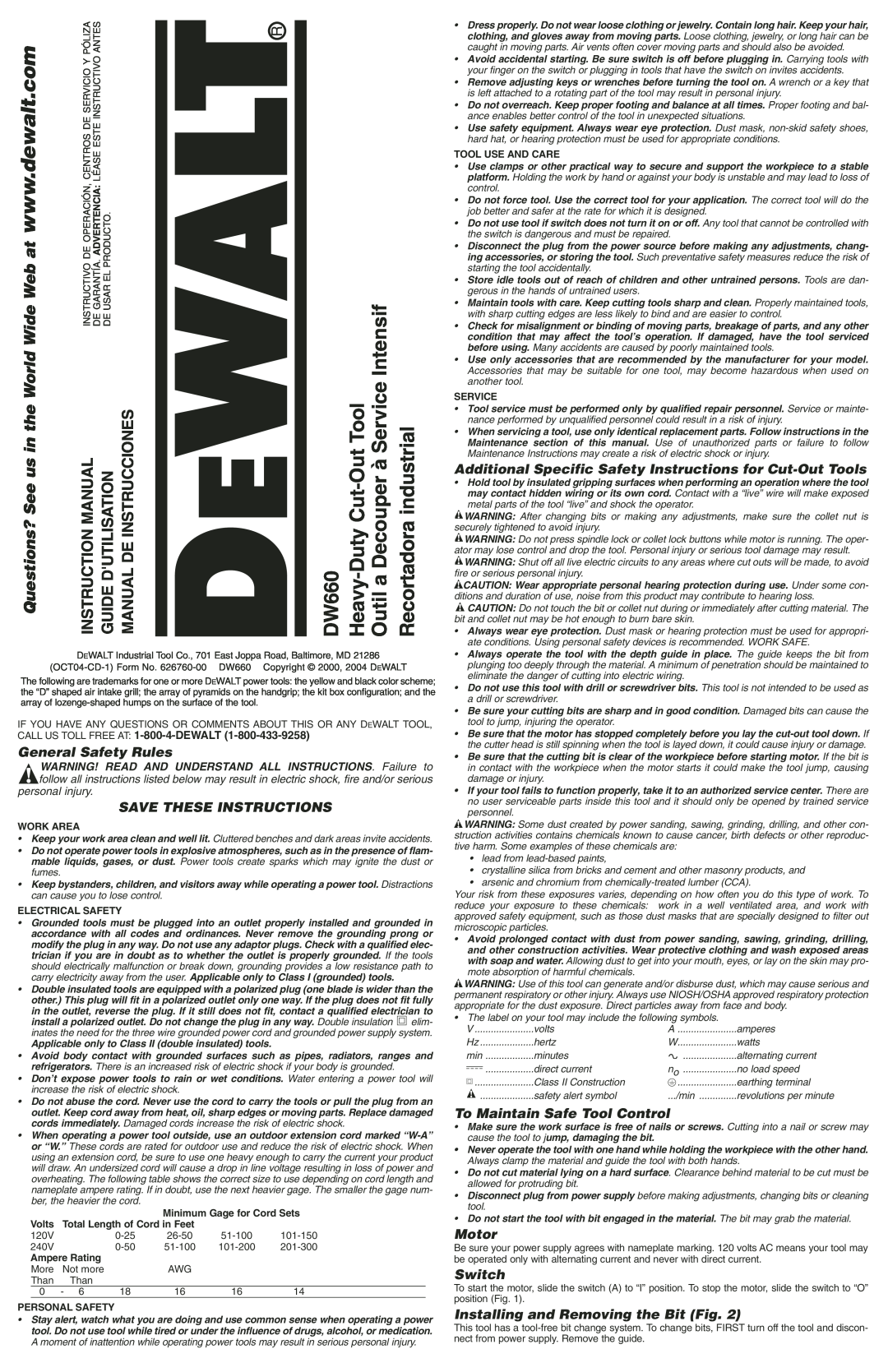 DeWalt DW660 instruction manual Manual De Instrucciones, personal injury, Work Area, Electrical Safety, Ampere Rating 