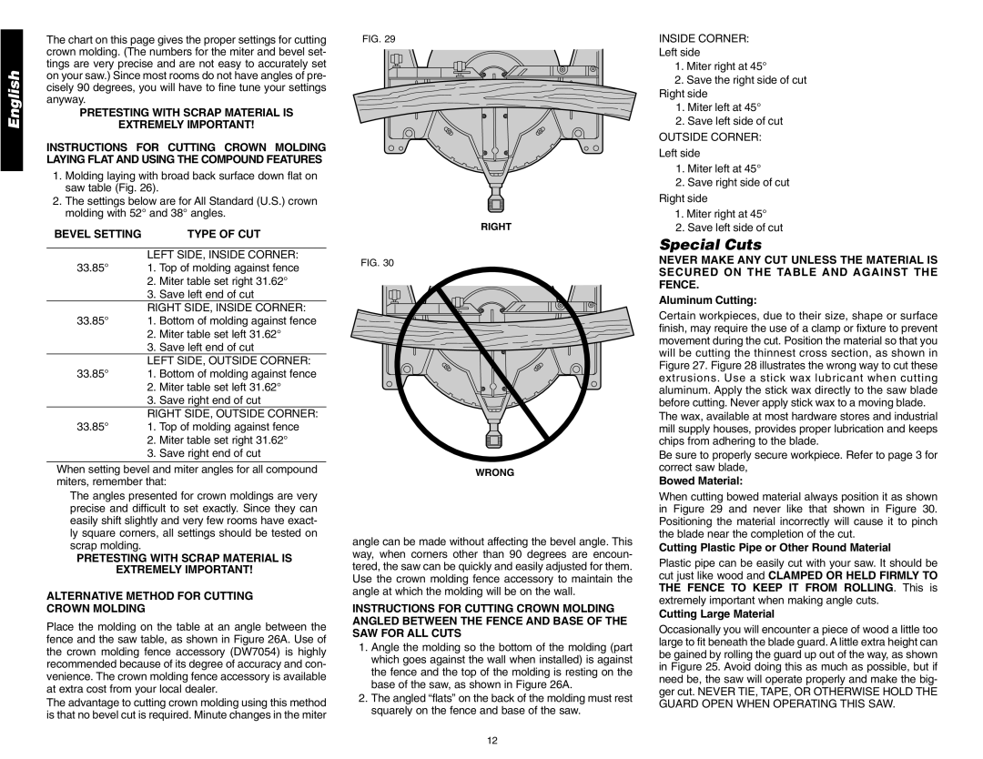 DeWalt DW705 instruction manual Special Cuts, Bevel Setting Type of CUT 