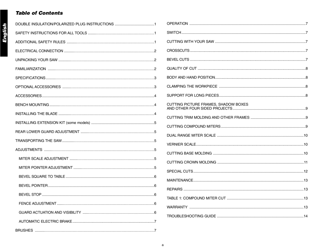 DeWalt DW705 instruction manual English, Table of Contents 