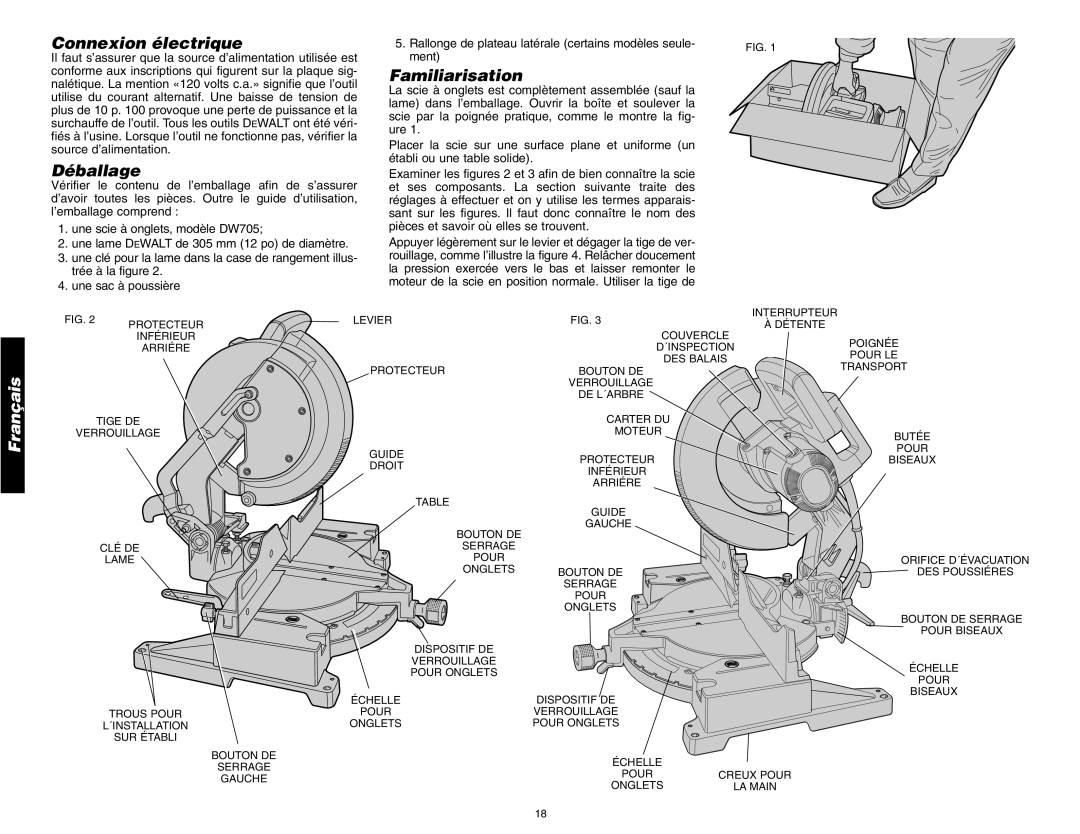 DeWalt DW705 instruction manual Connexion électrique, Déballage, Familiarisation 