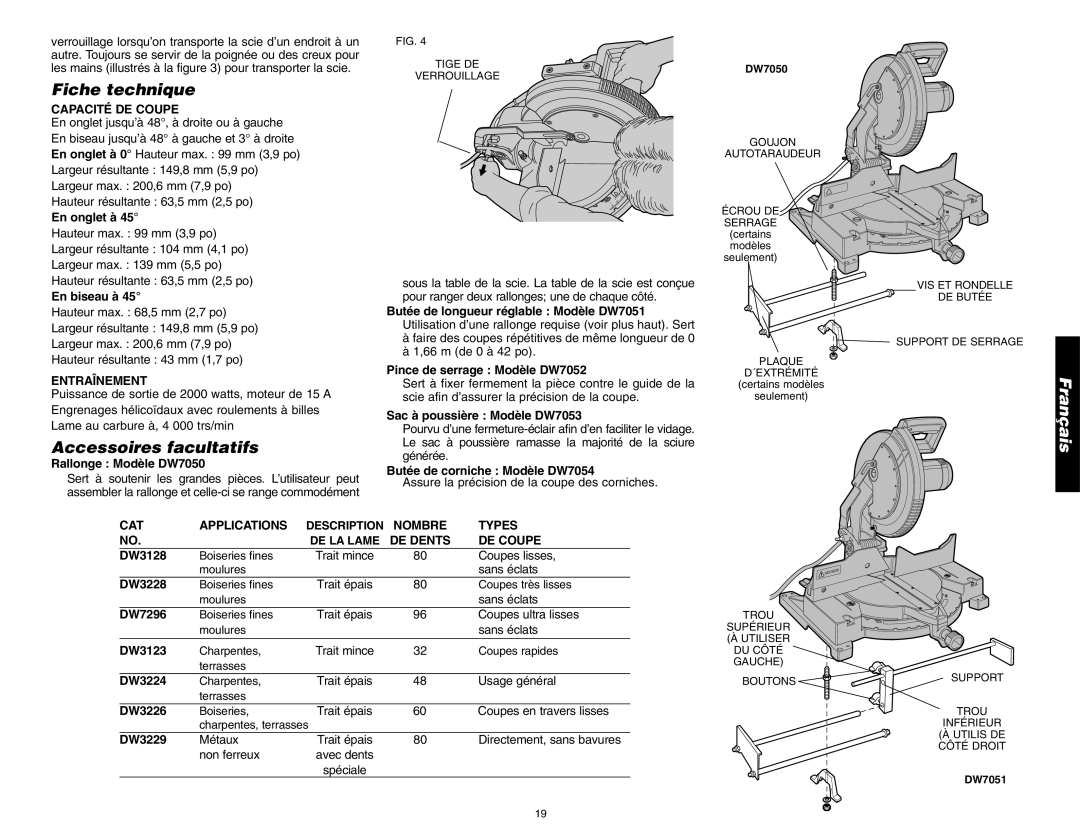 DeWalt DW705 instruction manual Fiche technique, Accessoires facultatifs 