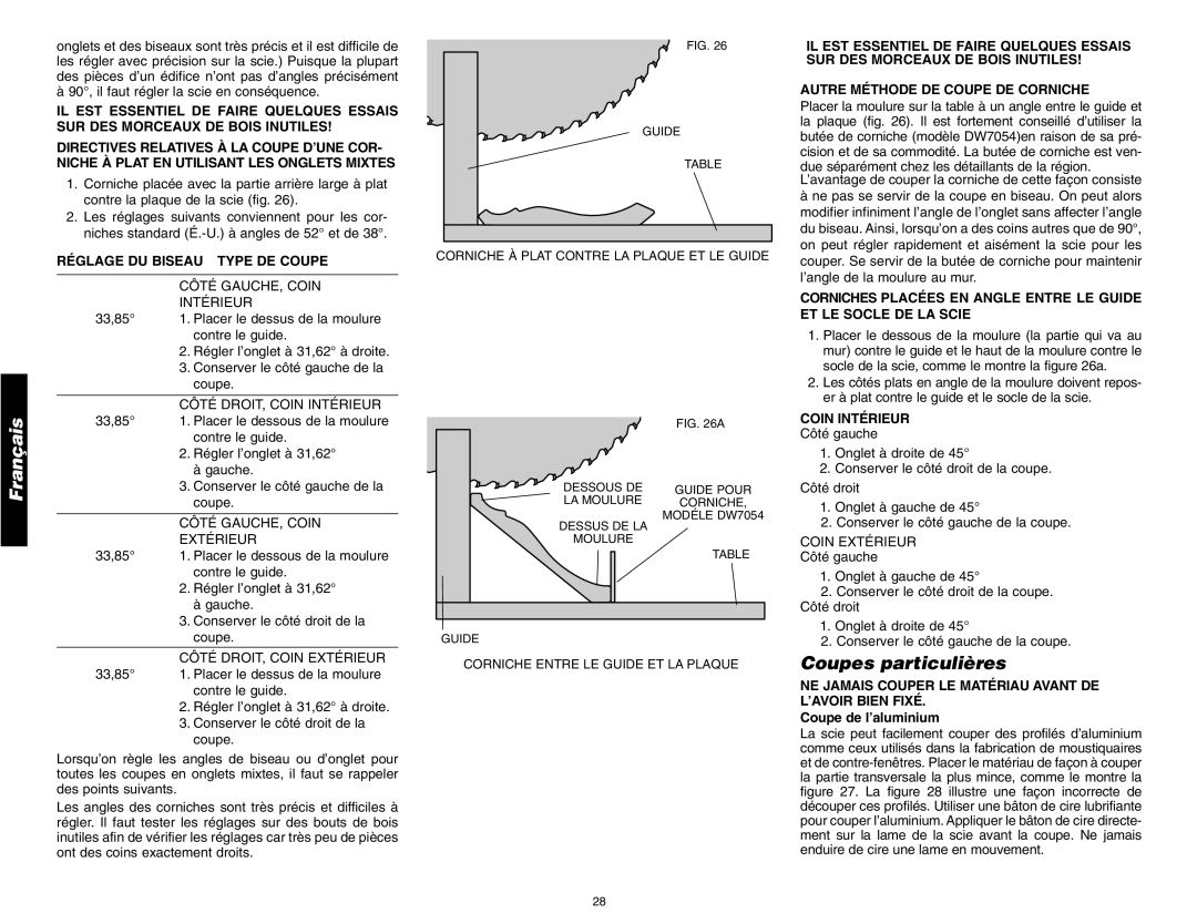 DeWalt DW705 instruction manual Coupes particulières, Réglage DU Biseau Type DE Coupe, Coupe de l’aluminium 