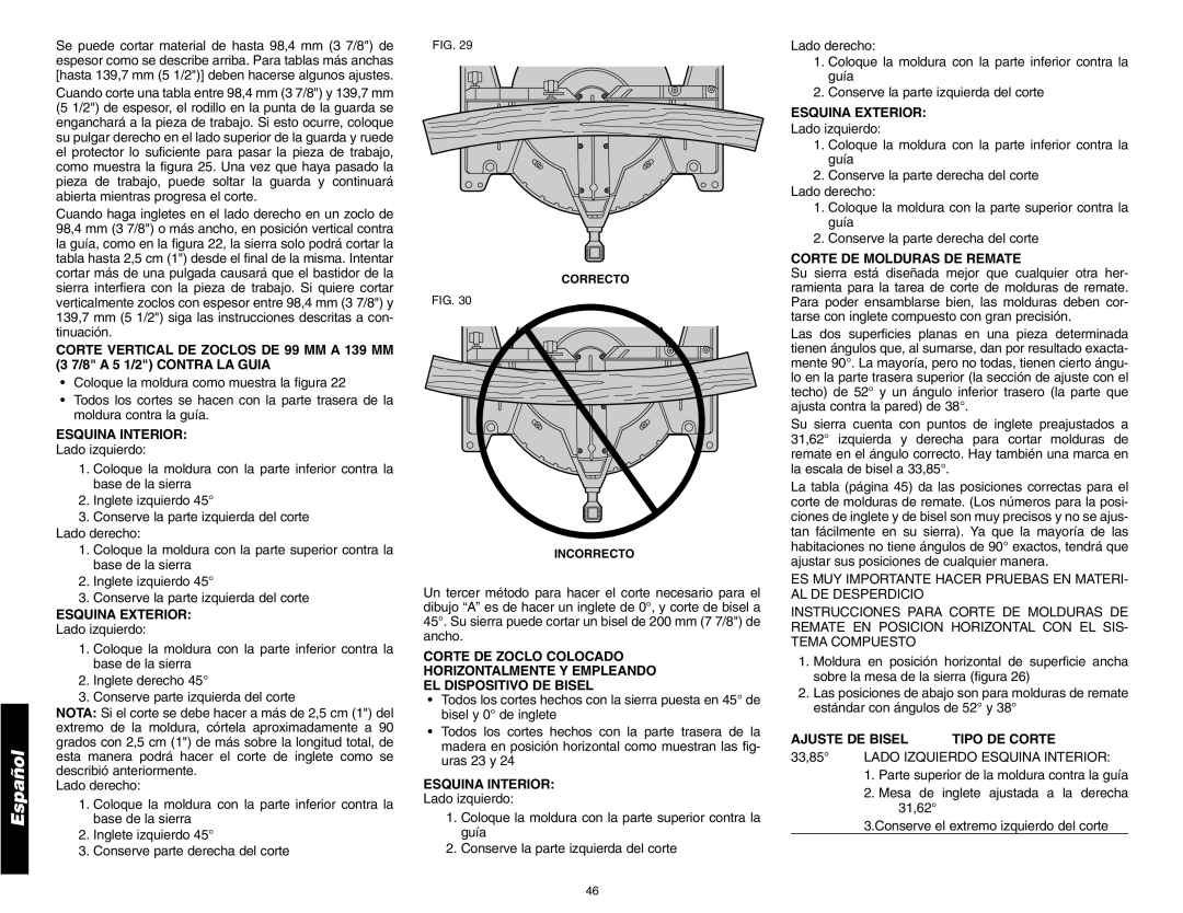 DeWalt DW705 instruction manual Esquina Exterior, Corte DE Molduras DE Remate, Ajuste DE Bisel Tipo DE Corte 