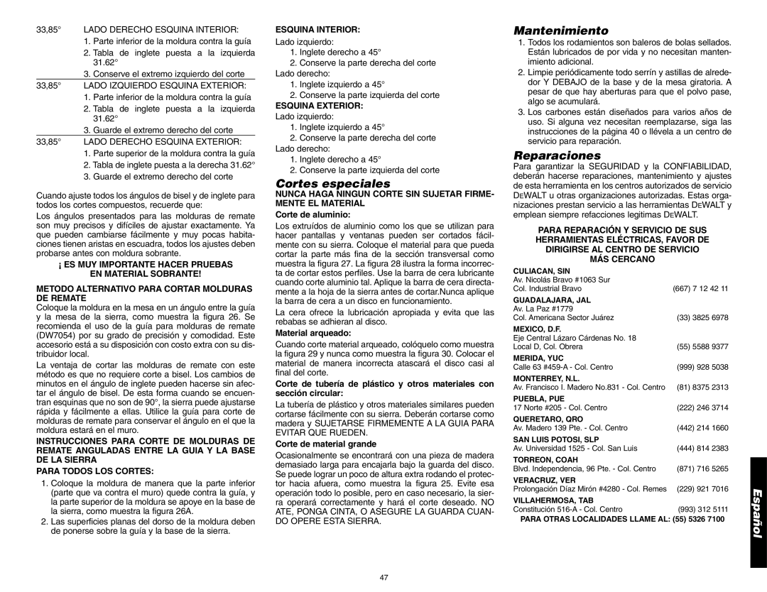 DeWalt DW705 instruction manual Cortes especiales, Mantenimiento, Reparaciones 