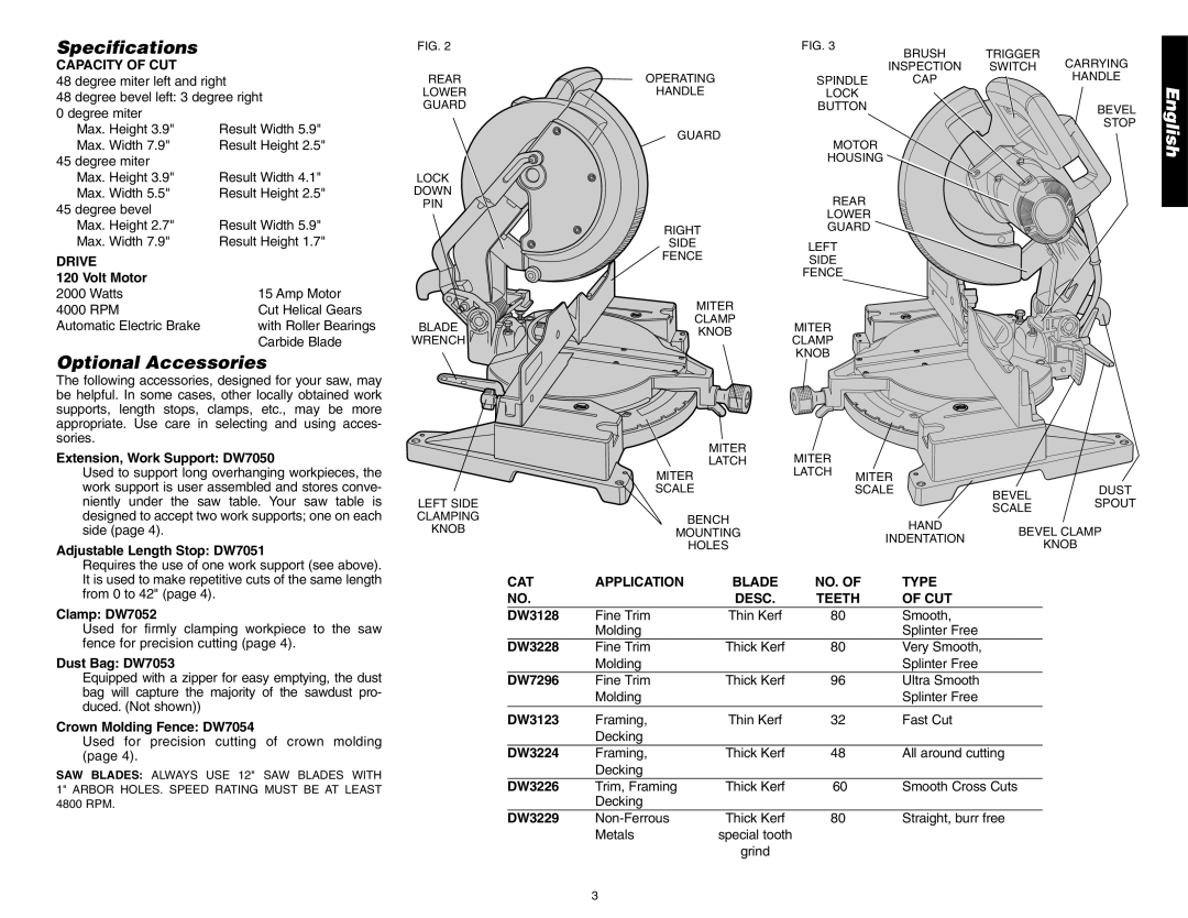 DeWalt DW705 Specifications, Optional Accessories, Capacity of CUT, Drive, CAT Application Blade NO. Type Desc Teeth CUT 