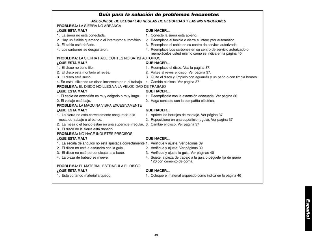 DeWalt DW705 instruction manual Guía para la solución de problemas frecuentes, ¿QUE Esta MAL? QUE Hacer 