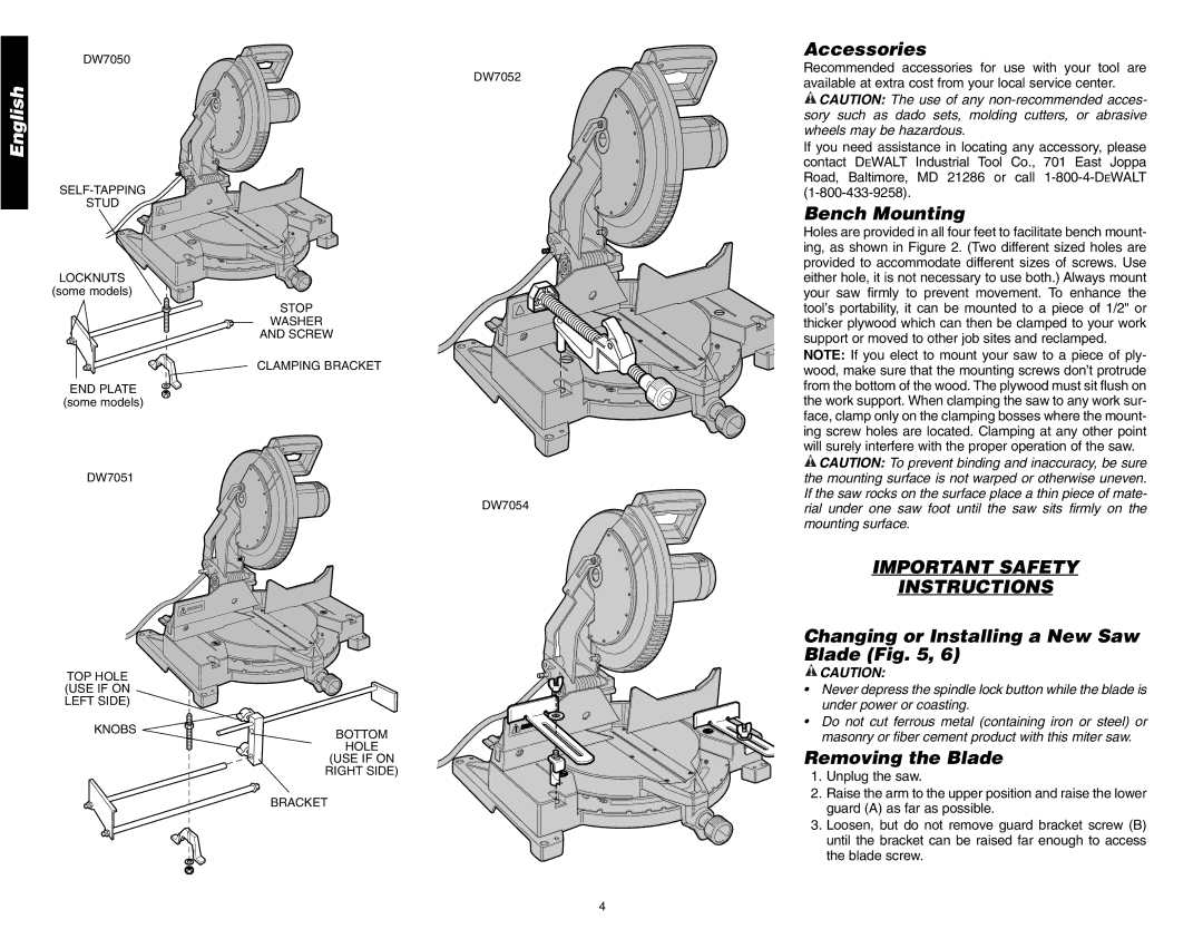 DeWalt DW705 Accessories, Bench Mounting, Important Safety Instructions, Changing or Installing a New Saw Blade 