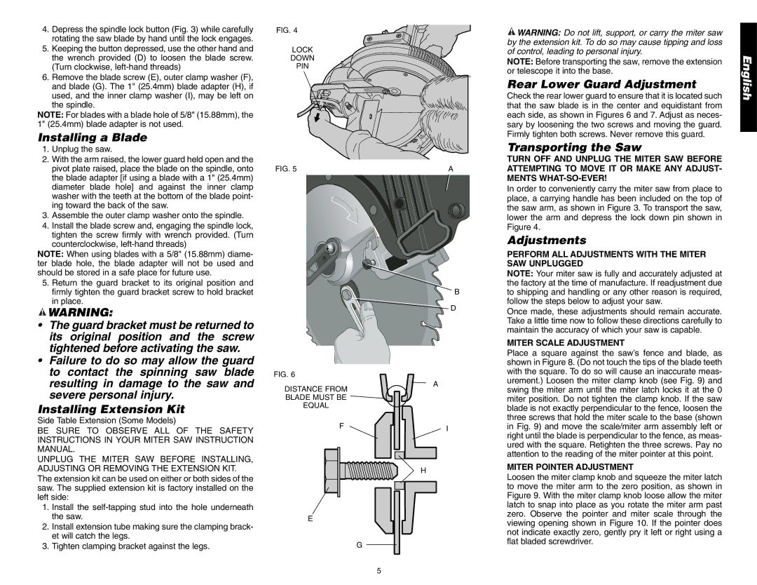 DeWalt DW705 instruction manual Installing a Blade, Rear Lower Guard Adjustment, Transporting the Saw, Adjustments 