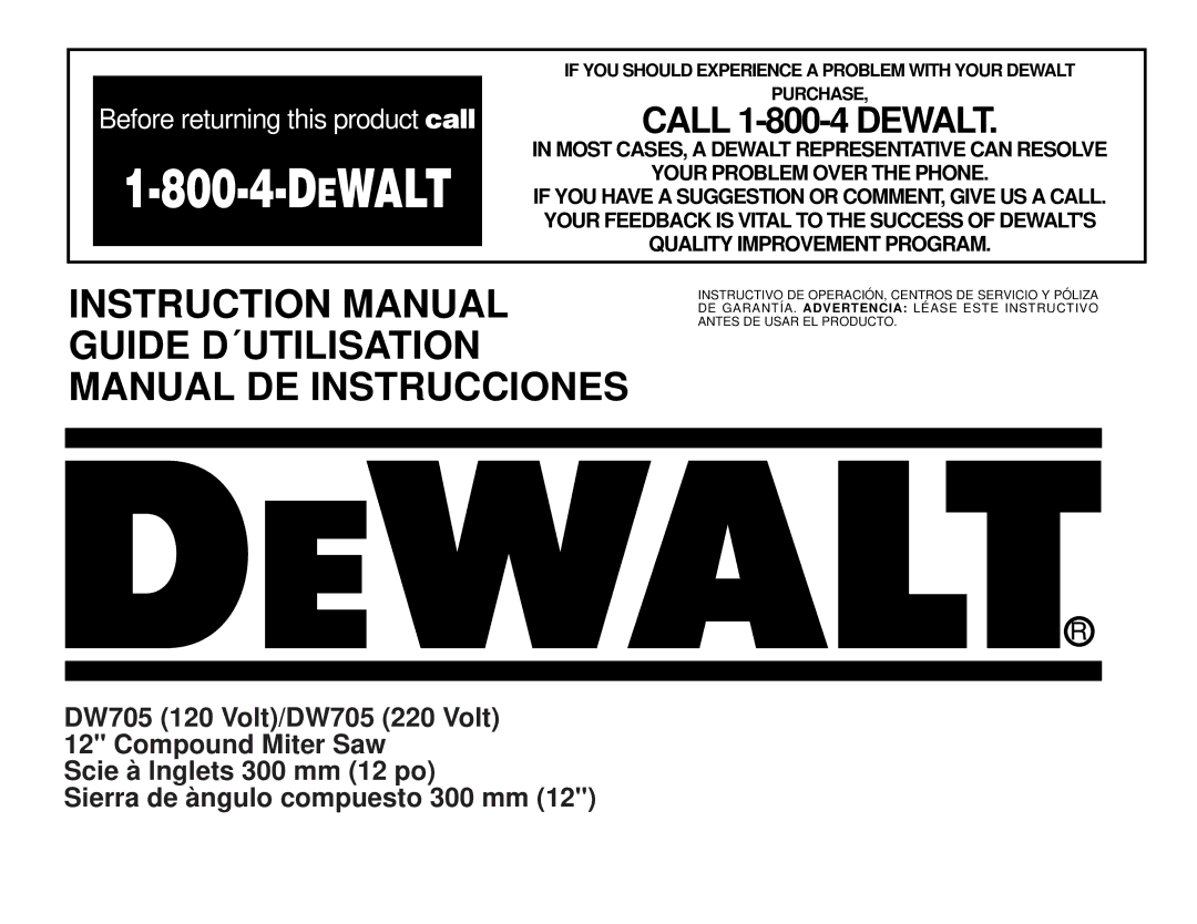 DeWalt DW705 manual Guide D´UTILISATION Manual DE Instrucciones 