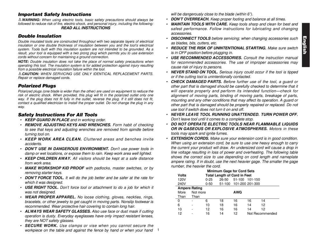 DeWalt DW705 Important Safety Instructions, Double Insulation, Polarized Plugs, Safety Instructions For All Tools, Awg 