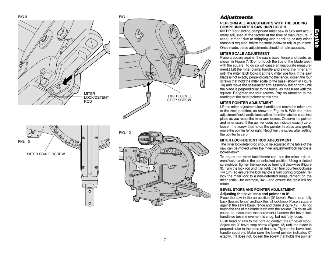 DeWalt DW708 manual Adjustments, Miter Scale Adjustment, Miter Pointer Adjustment, Miter LOCK/DETENT ROD Adjustment 