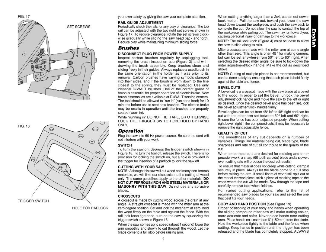 DeWalt DW708 manual Brushes, Operation 