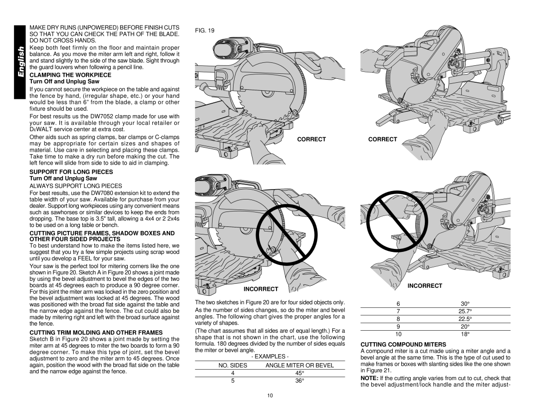 DeWalt DW708 manual Clamping the Workpiece, Turn Off and Unplug Saw, Support for Long Pieces, Correct Incorrect 