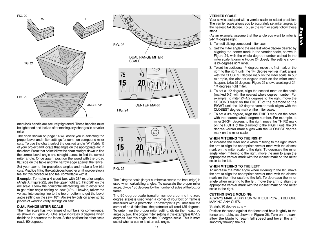 DeWalt DW708 manual Vernier Scale, Dual Range Miter Scale, When Mitering to the Right, When Mitering to the Left 