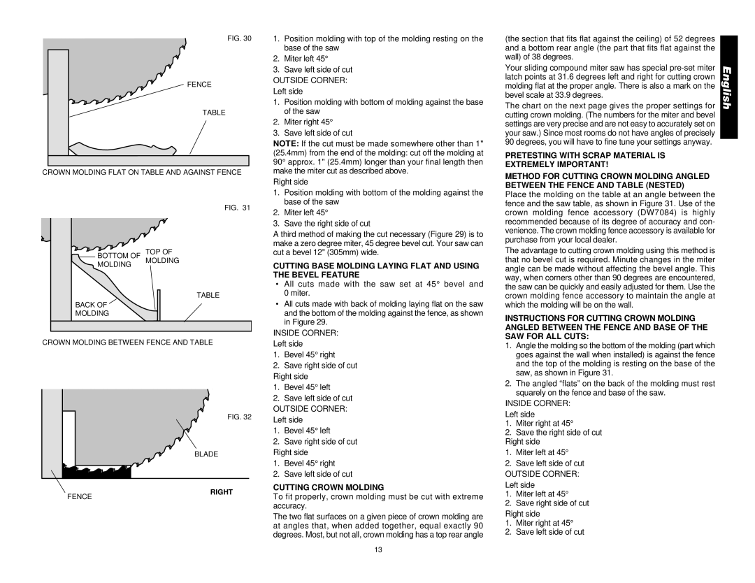 DeWalt DW708 manual Outside Corner, Cutting Crown Molding 