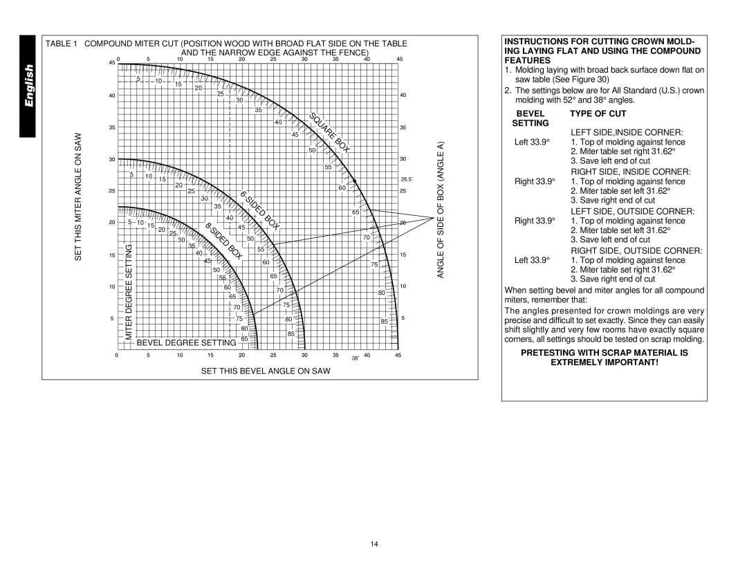 DeWalt DW708 manual Saw, Degree Miter Bevel Degree Setting, SET this Bevel Angle on SAW 