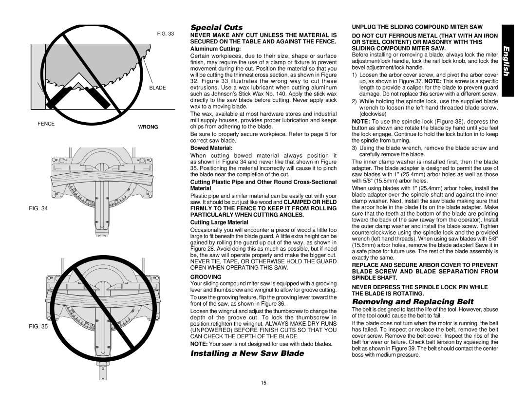 DeWalt DW708 manual Special Cuts, Installing a New Saw Blade, Removing and Replacing Belt, Grooving 