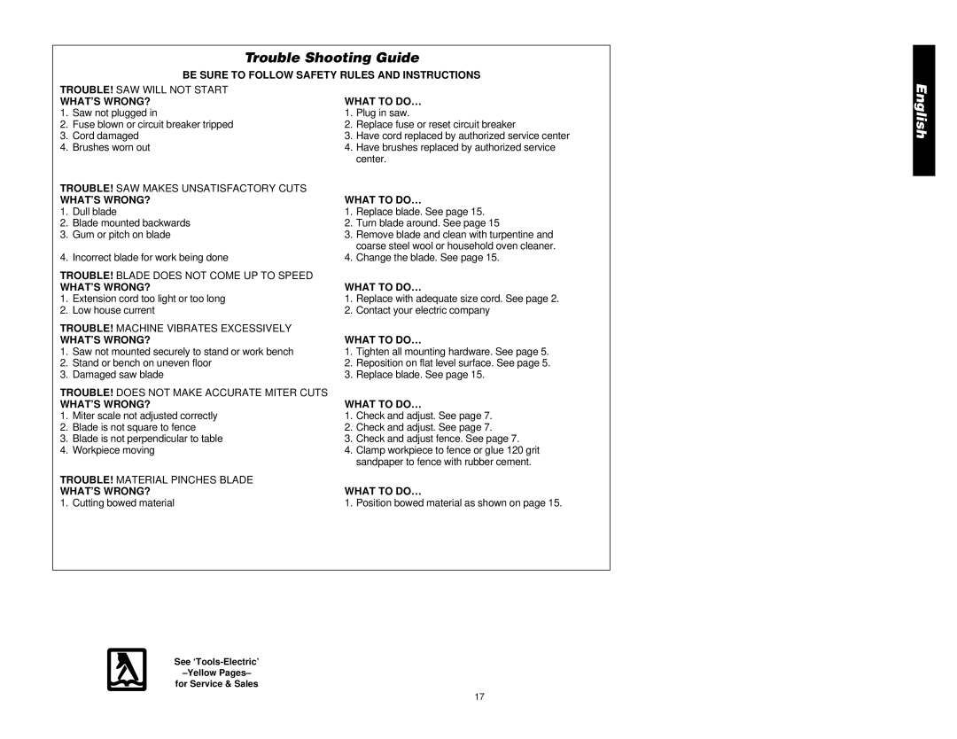 DeWalt DW708 manual Trouble Shooting Guide, Be Sure to Follow Safety Rules and Instructions, WHAT’S WRONG? What to DO… 