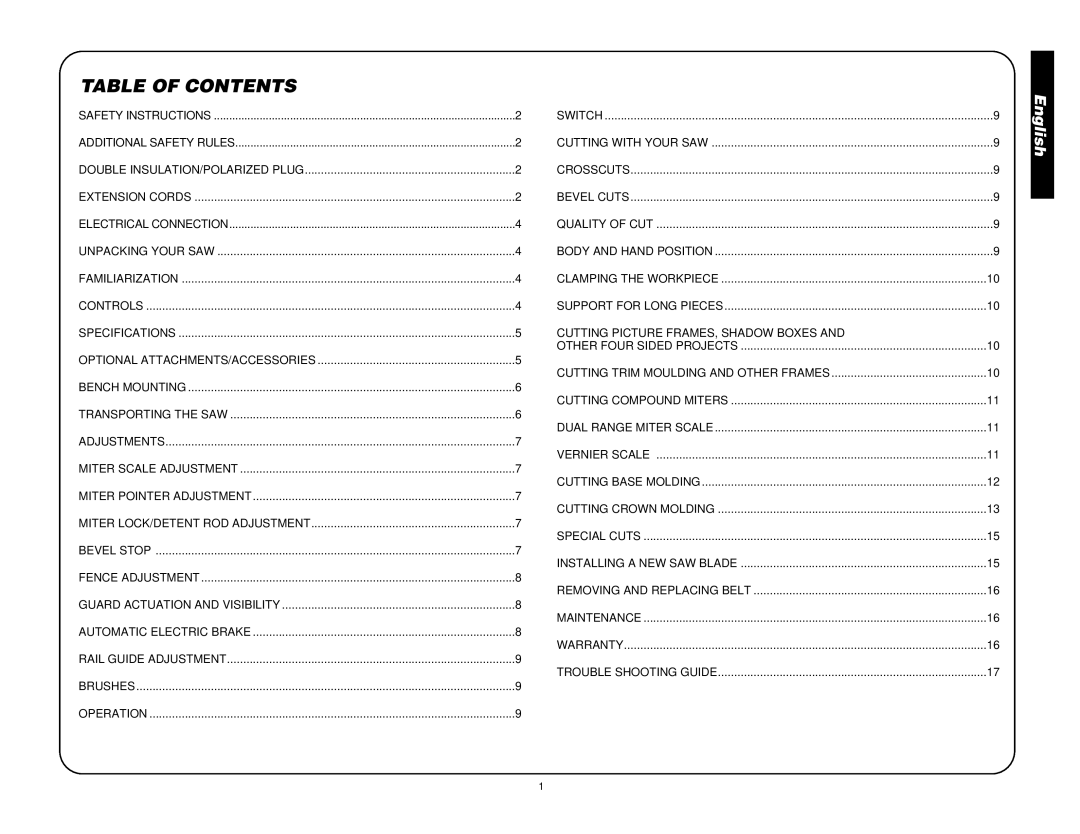 DeWalt DW708 manual Table of Contents 