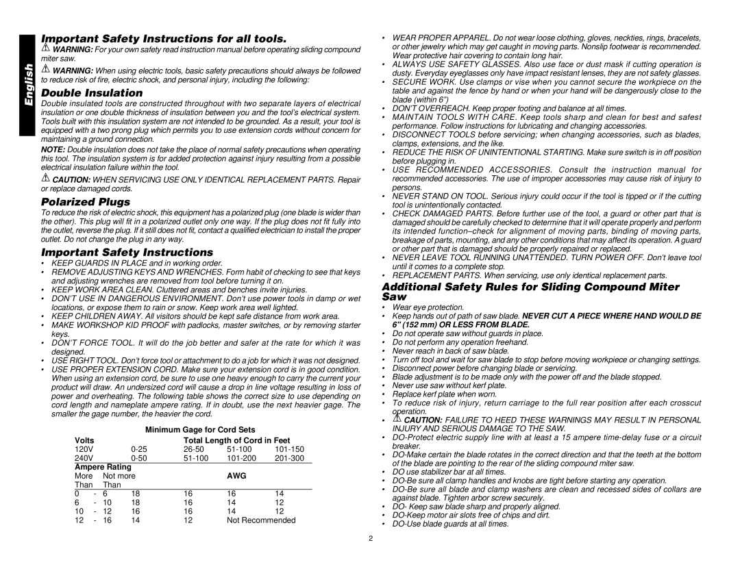 DeWalt DW708 Polarized Plugs, Important Safety Instructions, Additional Safety Rules for Sliding Compound Miter Saw, Awg 