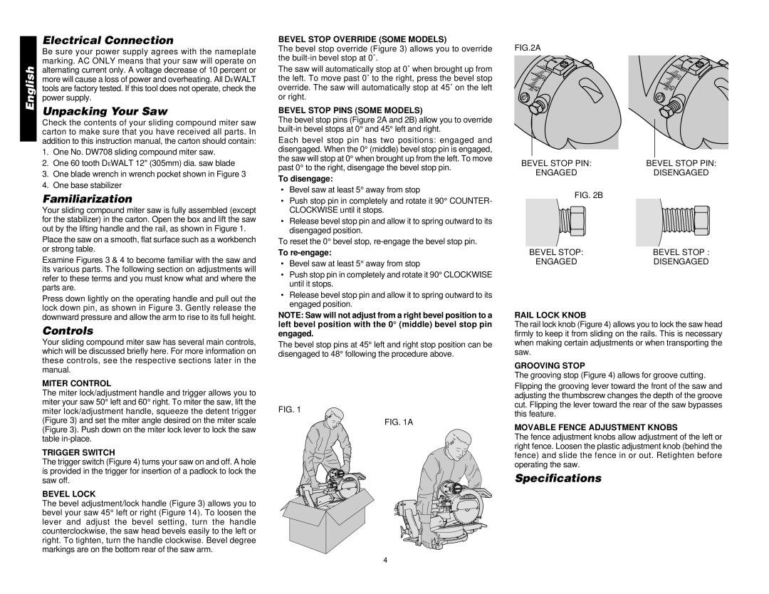 DeWalt DW708 manual Electrical Connection, Unpacking Your Saw, Familiarization, Controls, Specifications 