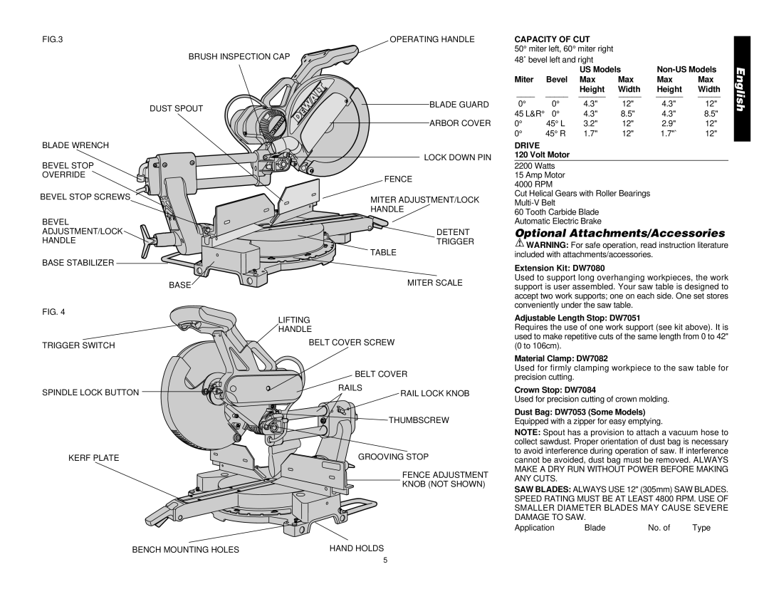 DeWalt DW708 manual Optional Attachments/Accessories, Capacity of CUT, Drive 