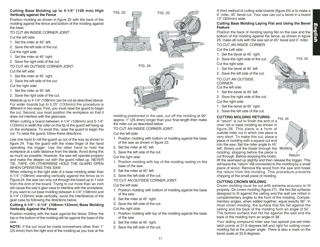 DeWalt DW708 instruction manual To CUT AN Outside Corner Joint, Cutting Molding Returns, Cutting Crown Molding 