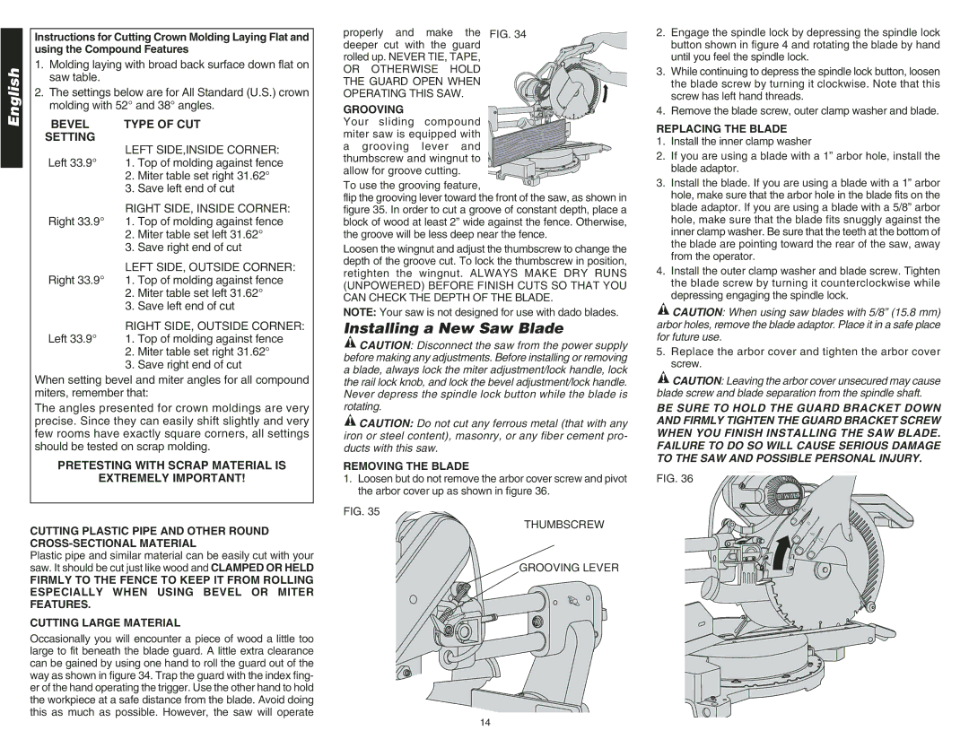 DeWalt DW708 instruction manual Installing a New Saw Blade, Setting, Grooving, Removing the Blade, Replacing the Blade 