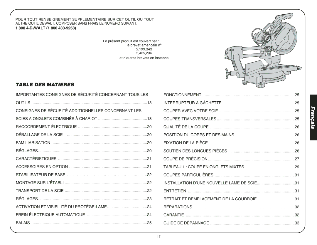 DeWalt DW708 instruction manual Table DES Matieres, Outils, Entretien, Réparations Garantie Guide DE Dépannage 