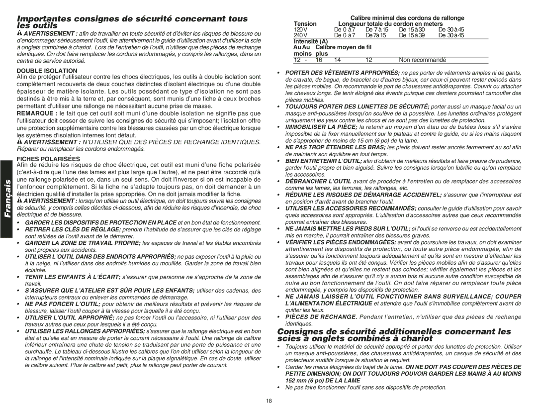 DeWalt DW708 instruction manual Double Isolation, Fiches Polarisées, Calibre minimal des cordons de rallonge 