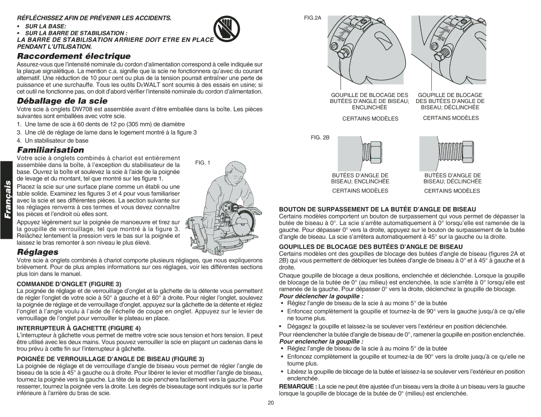 DeWalt DW708 instruction manual Raccordement électrique, Déballage de la scie, Familiarisation, Réglages 