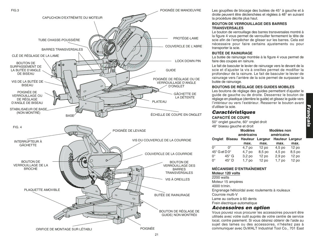 DeWalt DW708 instruction manual Caractéristiques, Accessoires en option 