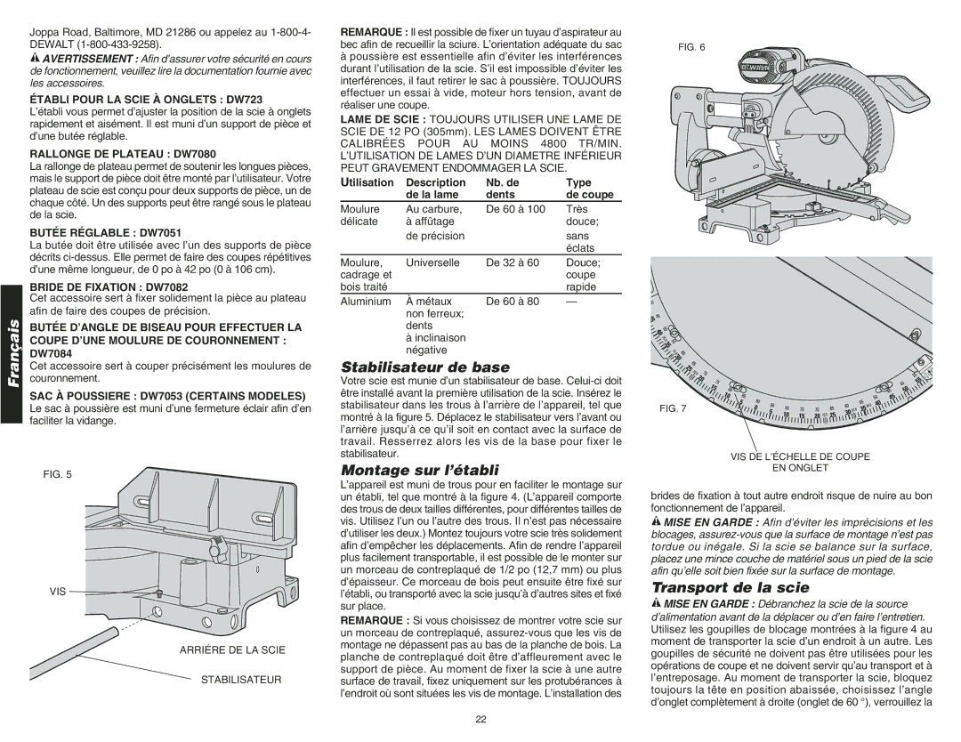 DeWalt DW708 instruction manual Stabilisateur de base, Montage sur l’établi, Transport de la scie 