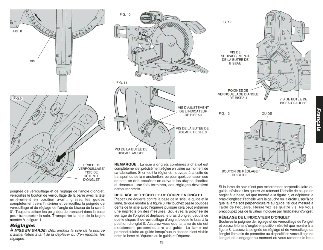 DeWalt DW708 instruction manual Réglage DE L’INDICATEUR D’ONGLET, Bouton DE Réglage DU Guide 