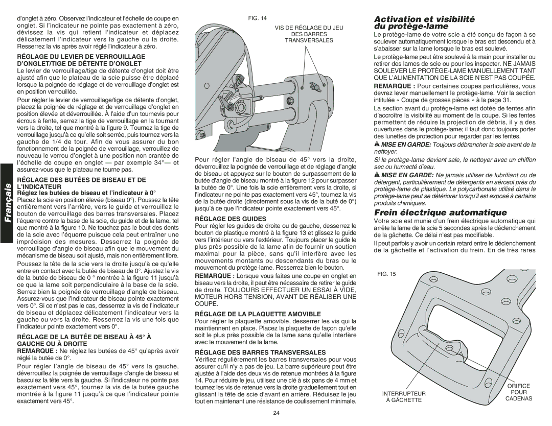 DeWalt DW708 instruction manual Activation et visibilité du protège-lame, Frein électrique automatique 