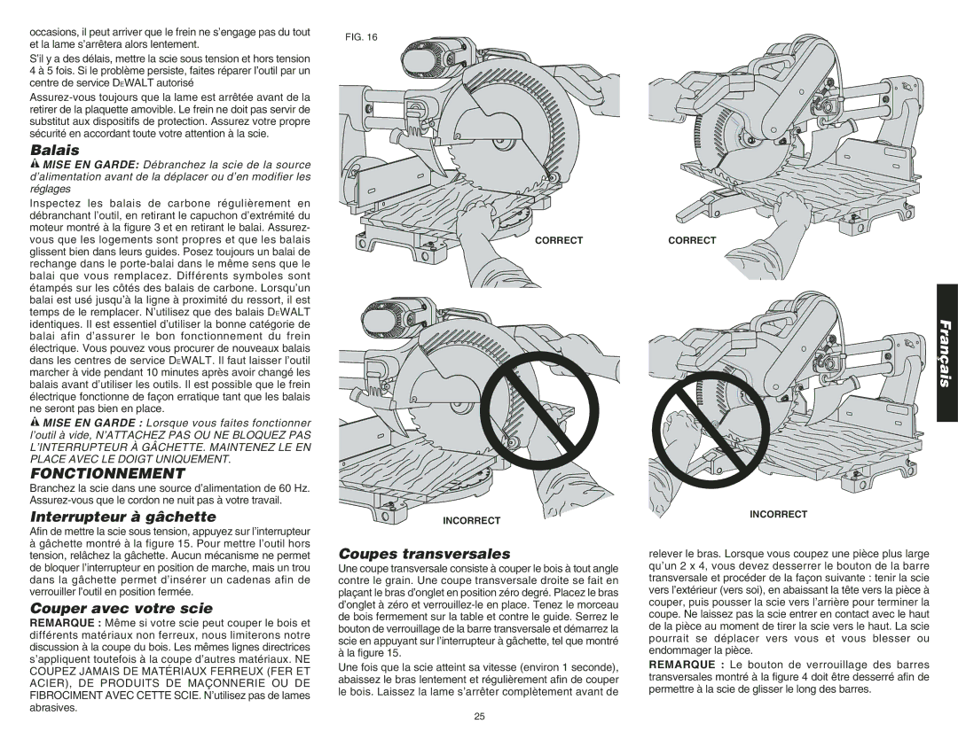 DeWalt DW708 Balais, Fonctionnement, Interrupteur à gâchette, Couper avec votre scie, Coupes transversales 