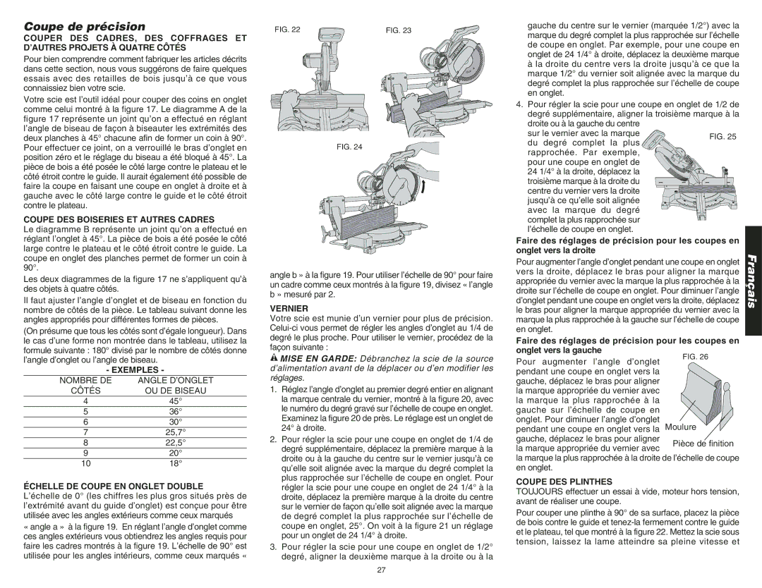 DeWalt DW708 instruction manual Coupe de précision 