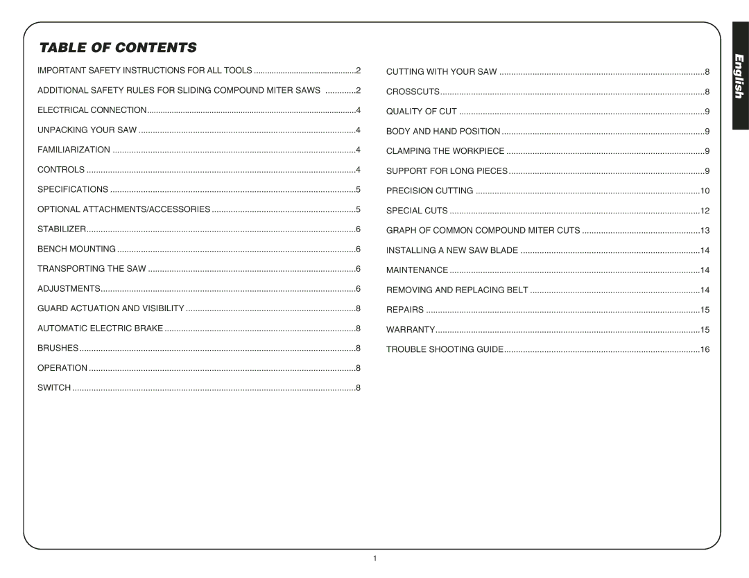 DeWalt DW708 instruction manual Table of Contents 