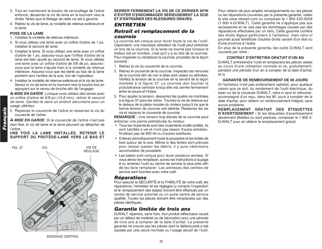 DeWalt DW708 instruction manual Entretien, Réparations, Garantie limitée de trois ans 