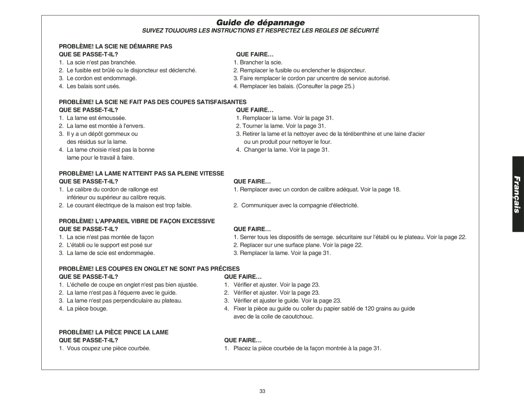 DeWalt DW708 instruction manual Guide de dépannage, Que Faire… 