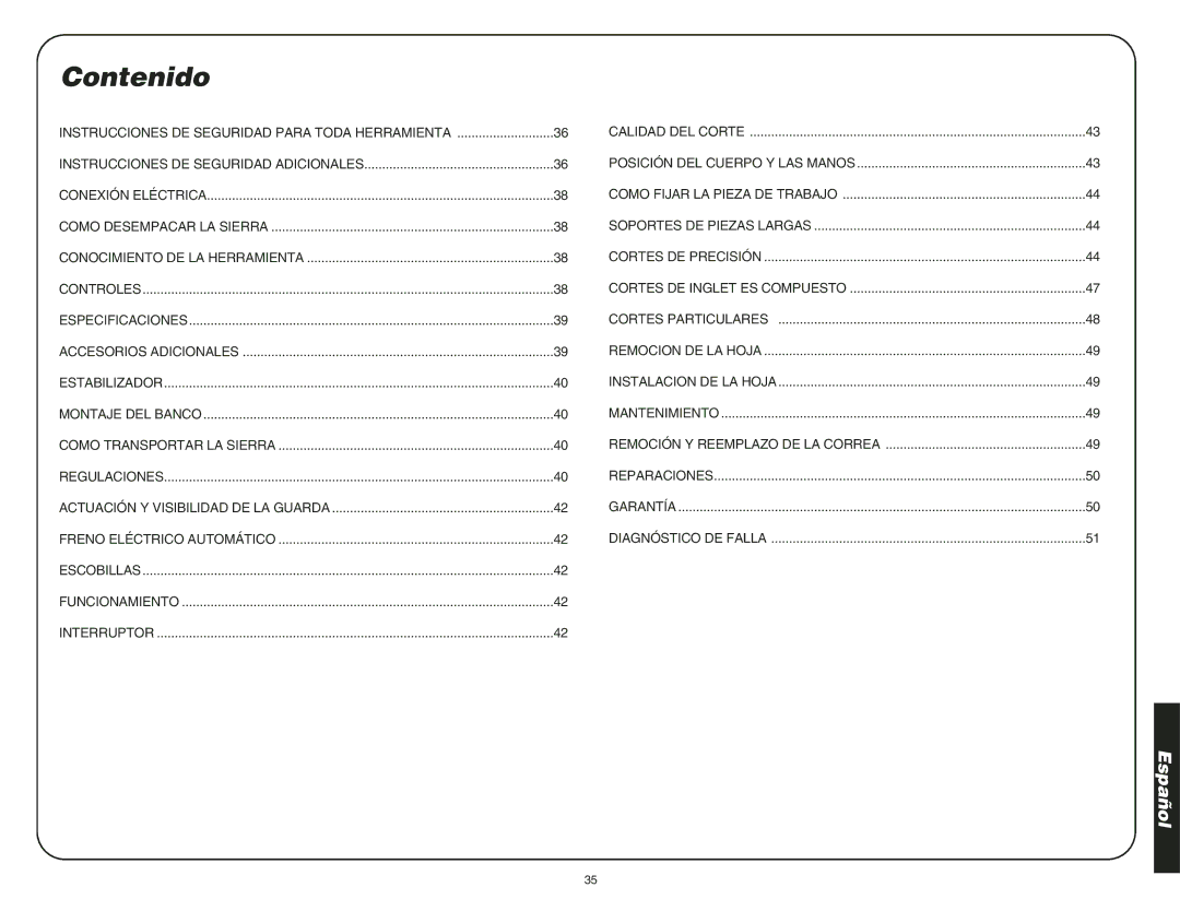 DeWalt DW708 instruction manual Contenido, Instrucciones DE Seguridad Para Toda Herramienta 