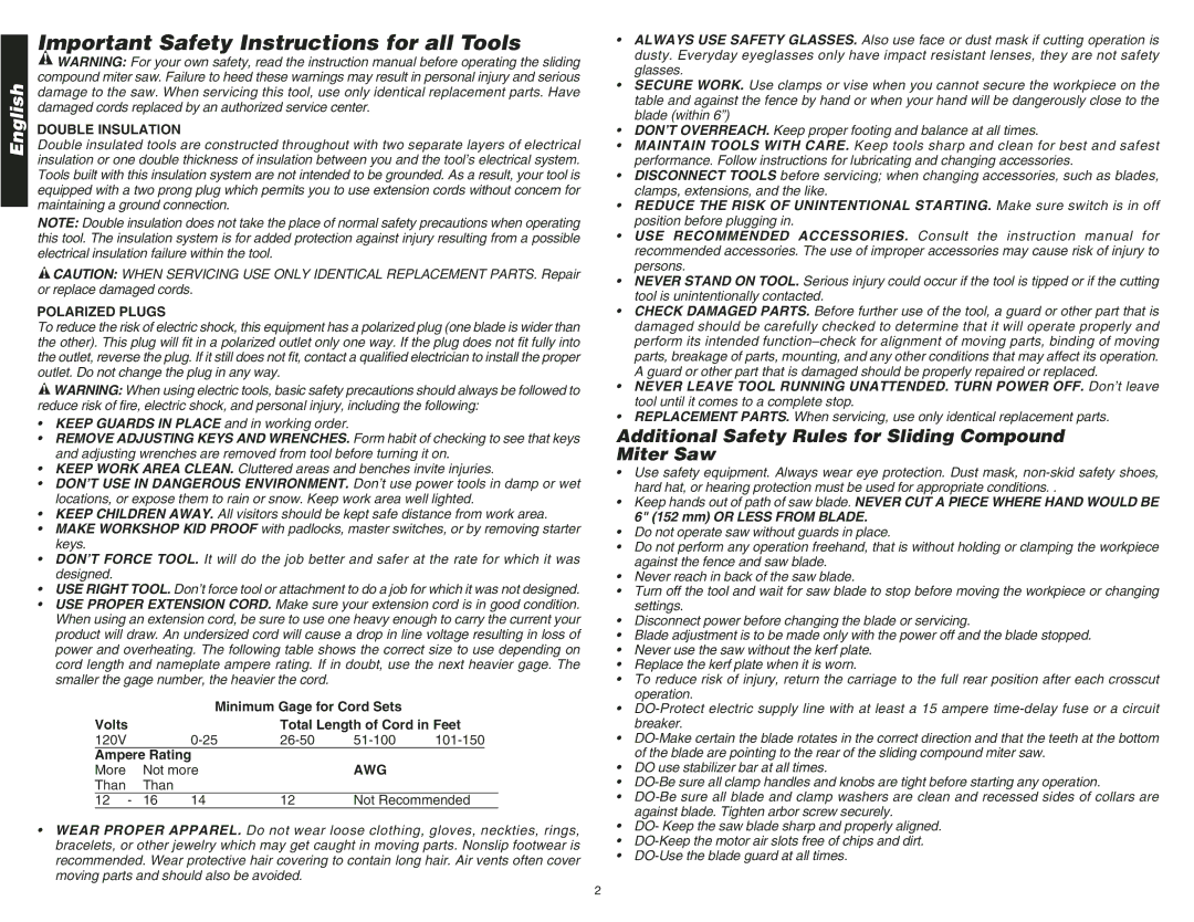 DeWalt DW708 Additional Safety Rules for Sliding Compound Miter Saw, Double Insulation, Polarized Plugs, Ampere Rating 