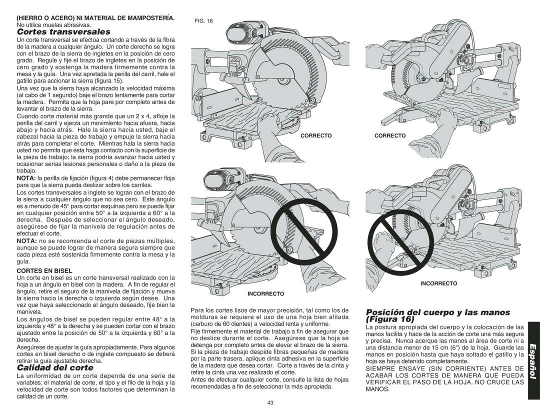 DeWalt DW708 Cortes transversales, Calidad del corte, Posición del cuerpo y las manos Figura, Cortes EN Bisel 