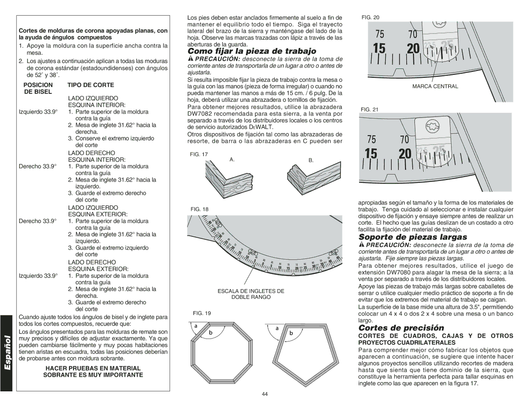 DeWalt DW708 instruction manual Como fijar la pieza de trabajo, Soporte de piezas largas, Cortes de precisión 