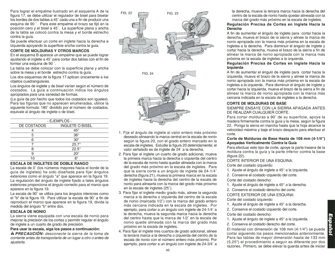 DeWalt DW708 instruction manual Corte DE Molduras Y Otros Marcos, Escala DE Ingletes DE Doble Rango, Escala DE Nonio 