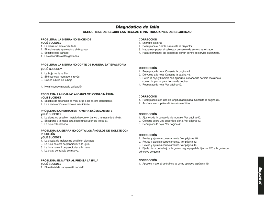 DeWalt DW708 instruction manual Diagnóstico de falla, Asegurese DE Seguir LAS Reglas E Instrucciones DE Seguridad 